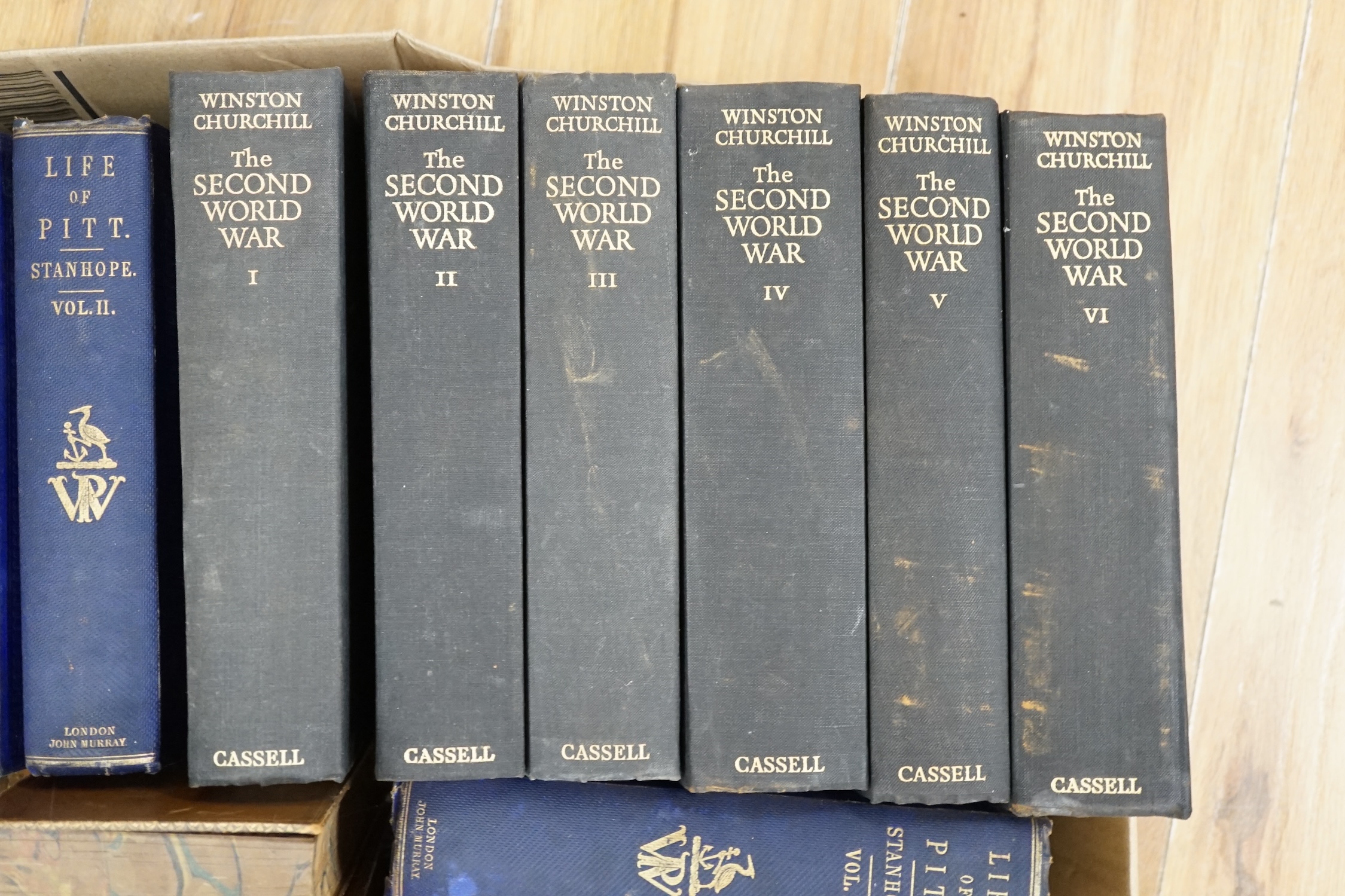 Hardback books comprising, Churchill WWII 6 vols, Life of Pitt, 4 vols, Life of Napoleon, 3 vols